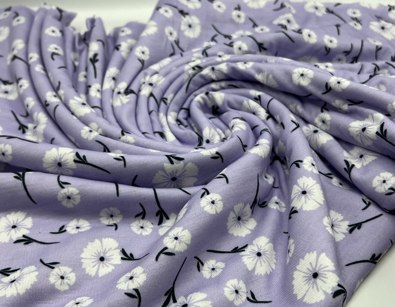 Lilac White Floral Print Spun Poly Stretch Fabric - T9 Fabrics