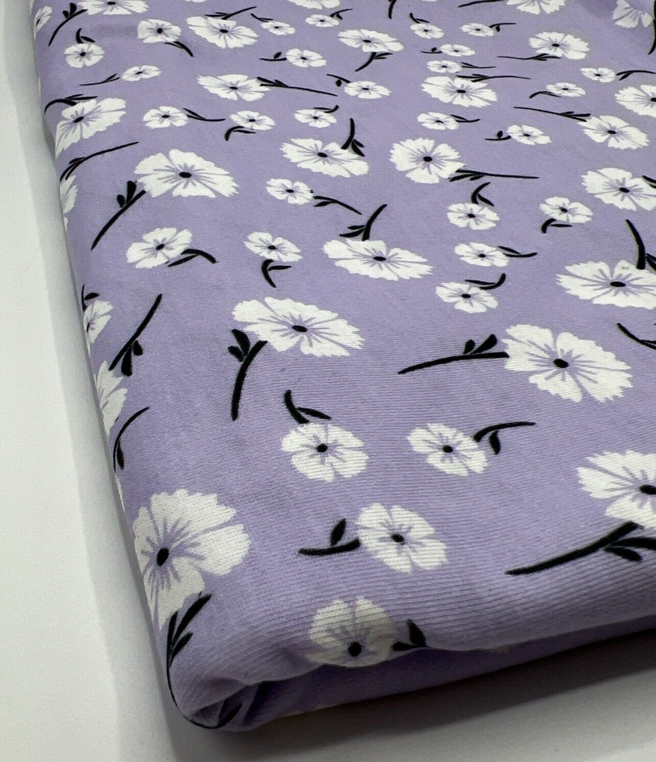 Lilac White Floral Print Spun Poly Stretch Fabric - T9 Fabrics