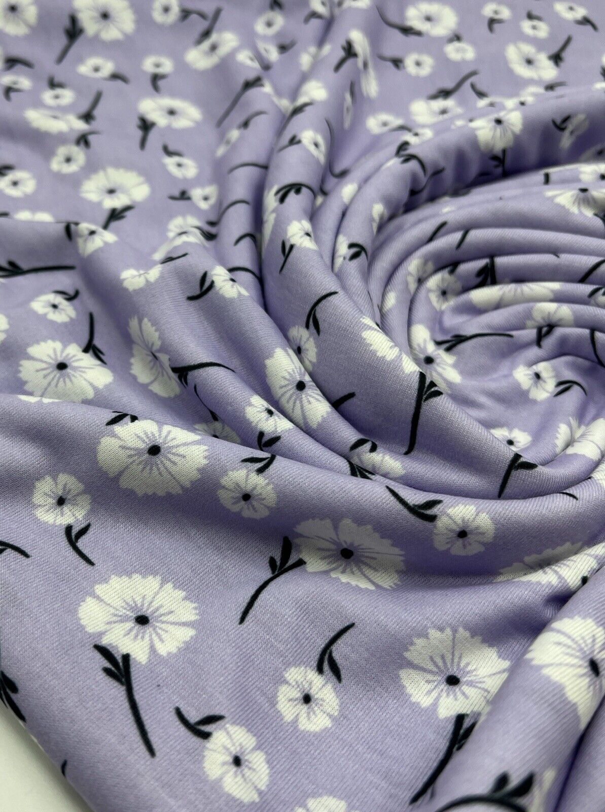 Lilac White Floral Print Spun Poly Stretch Fabric - T9 Fabrics