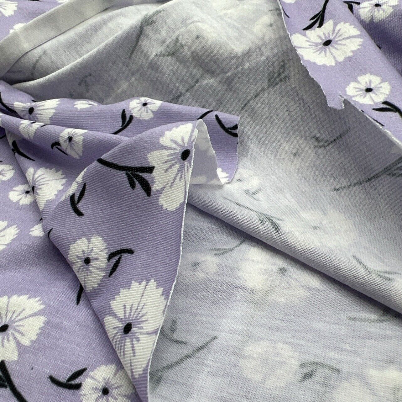 Lilac White Floral Print Spun Poly Stretch Fabric - T9 Fabrics