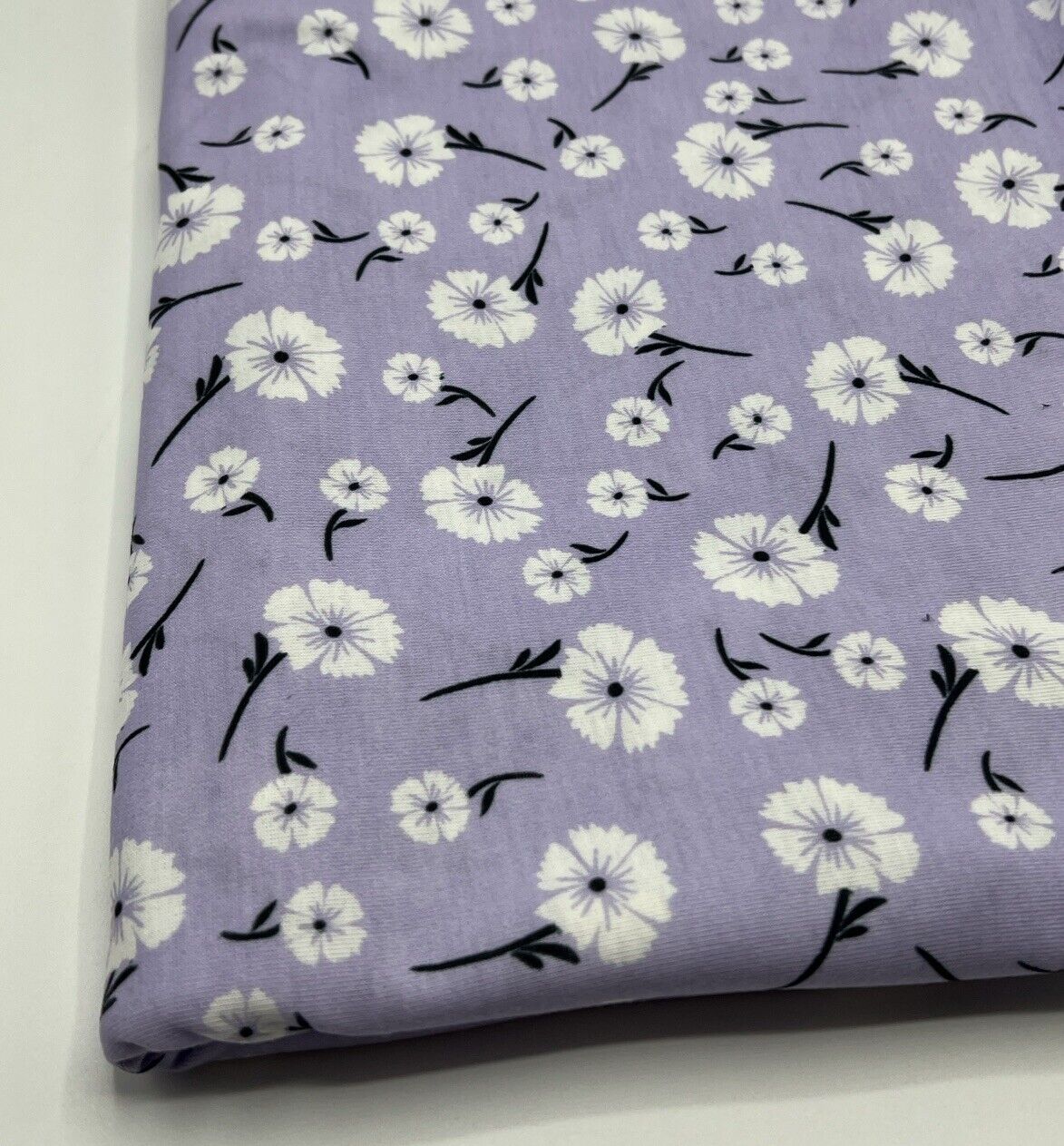 Lilac White Floral Print Spun Poly Stretch Fabric - T9 Fabrics