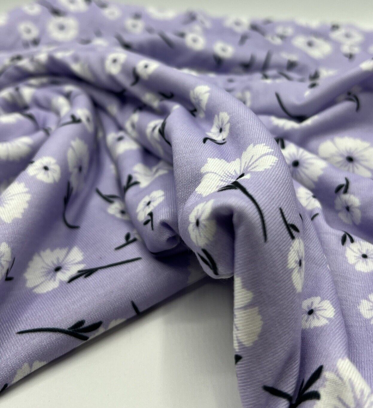 Lilac White Floral Print Spun Poly Stretch Fabric - T9 Fabrics