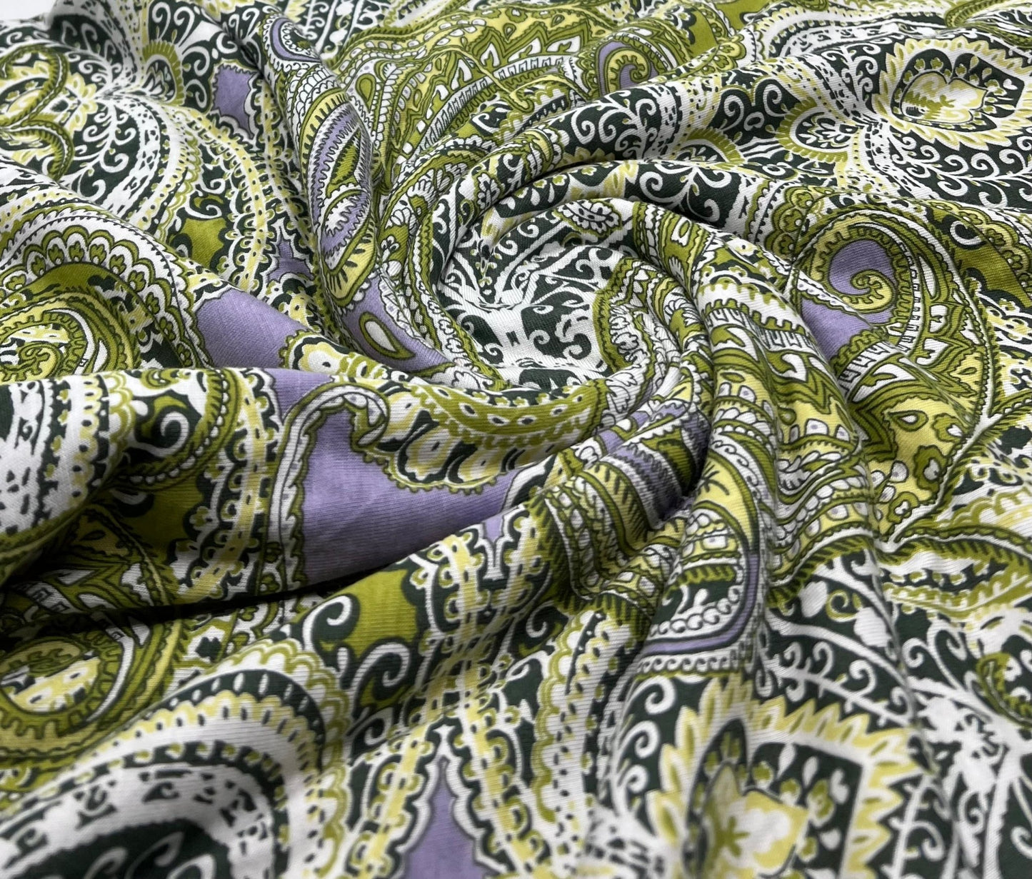 Lime Paisley Mix Print Viscose Elastane Fabric - T9 Fabrics