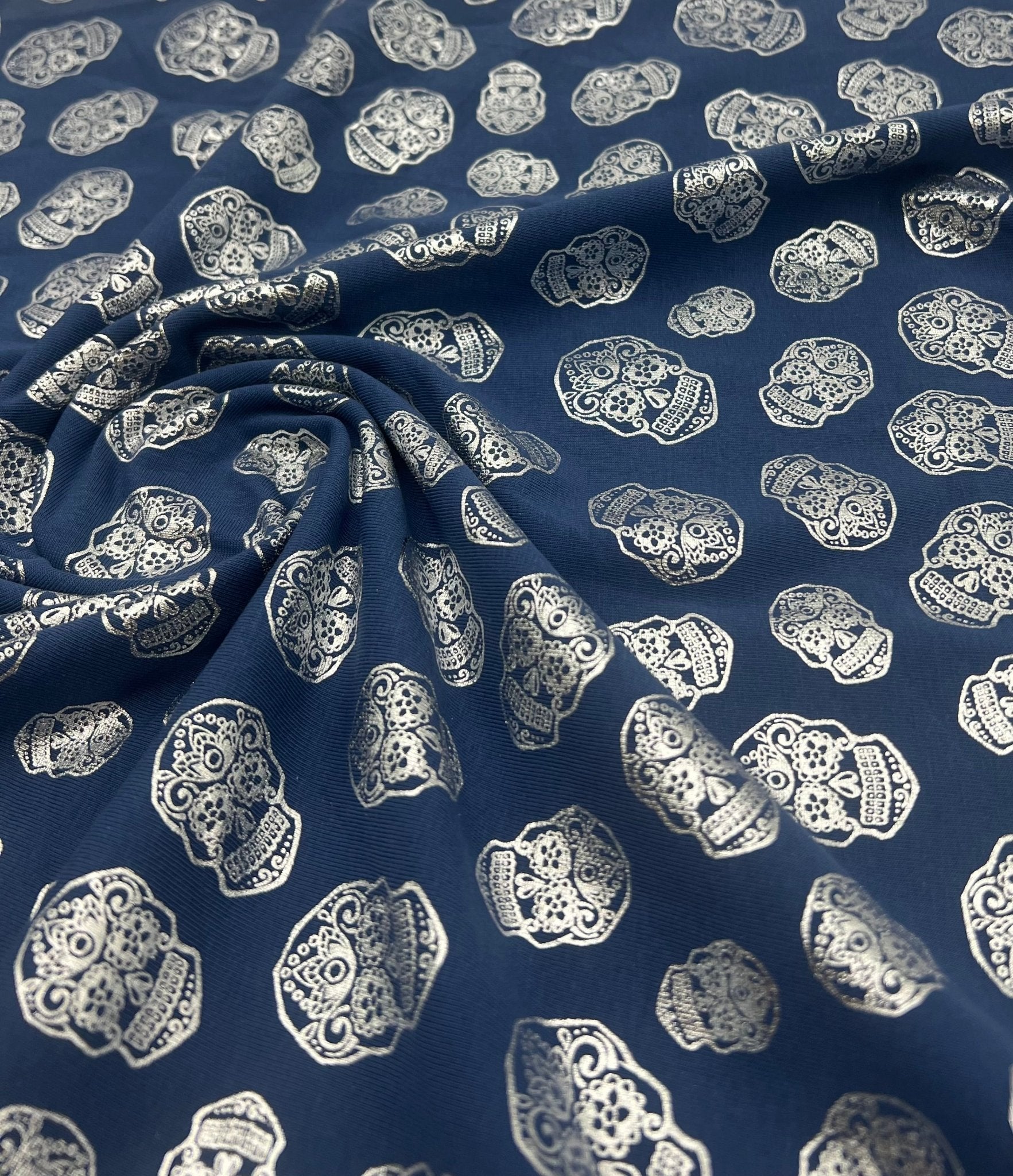Metallic Skulls Cotton Stretch Jersey 200 GSM 95/5 Lycra 4 Way Stretch - T9 Fabrics