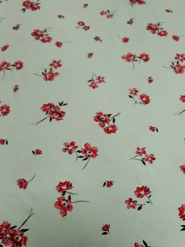 Mint Green Red Floral Print Viscose Elastane Fabric - T9 Fabrics