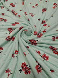 Mint Green Red Floral Print Viscose Elastane Fabric - T9 Fabrics