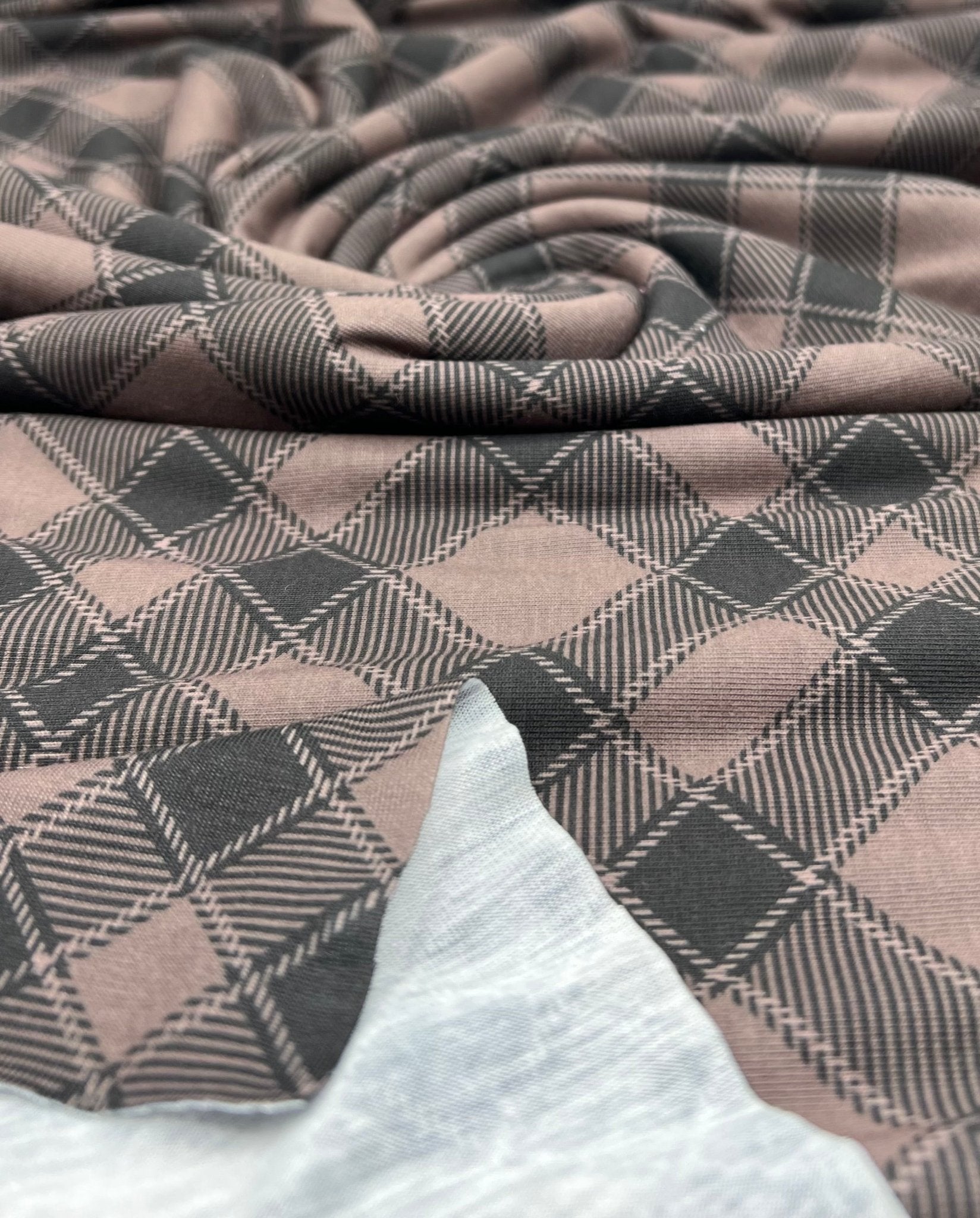 Mocha Black Diamond Check Print Spun Poly Stretch Fabric - T9 Fabrics