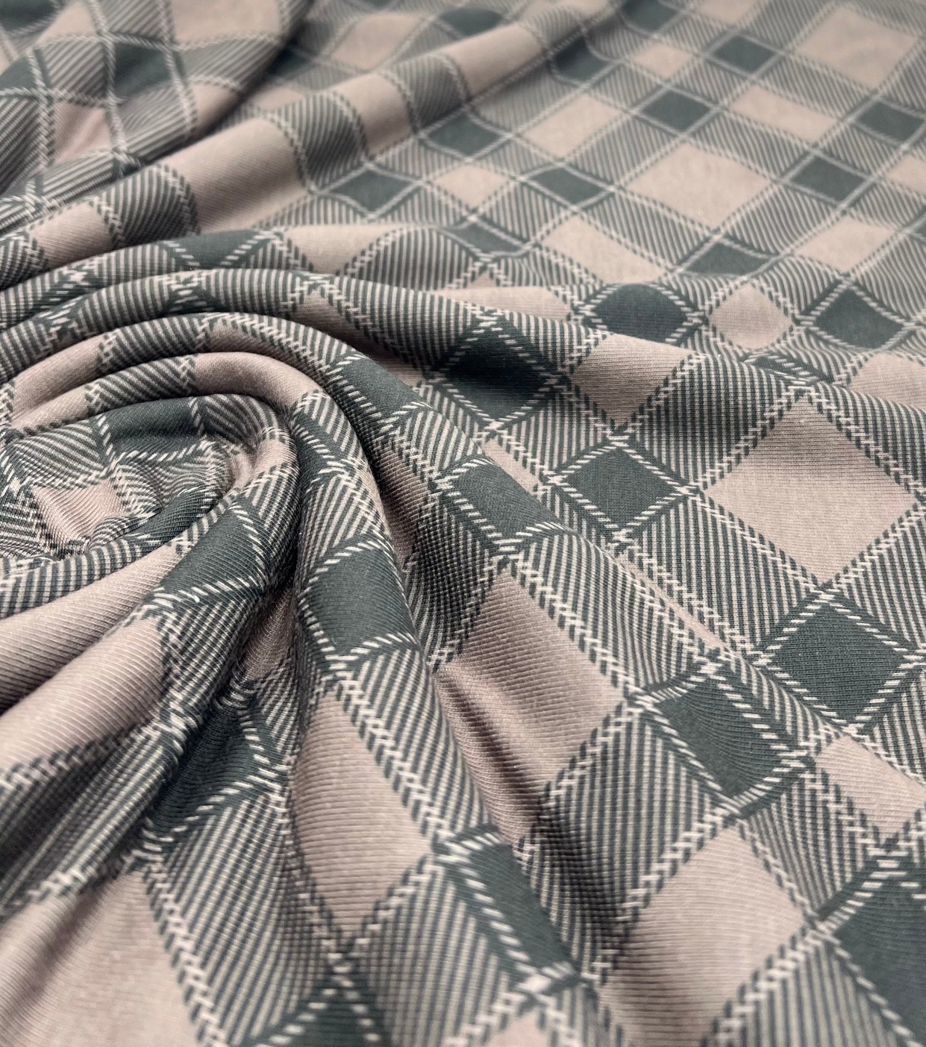 Mocha Black Diamond Check Print Spun Poly Stretch Fabric - T9 Fabrics