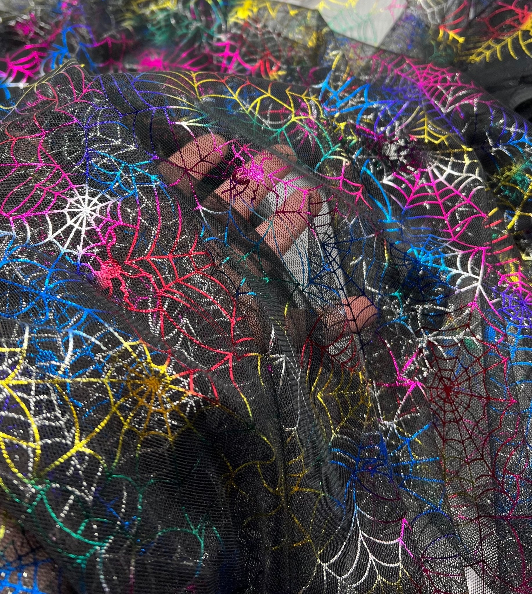 Multi Cobweb Halloween Print Mesh Fabric Stretch - T9 Fabrics
