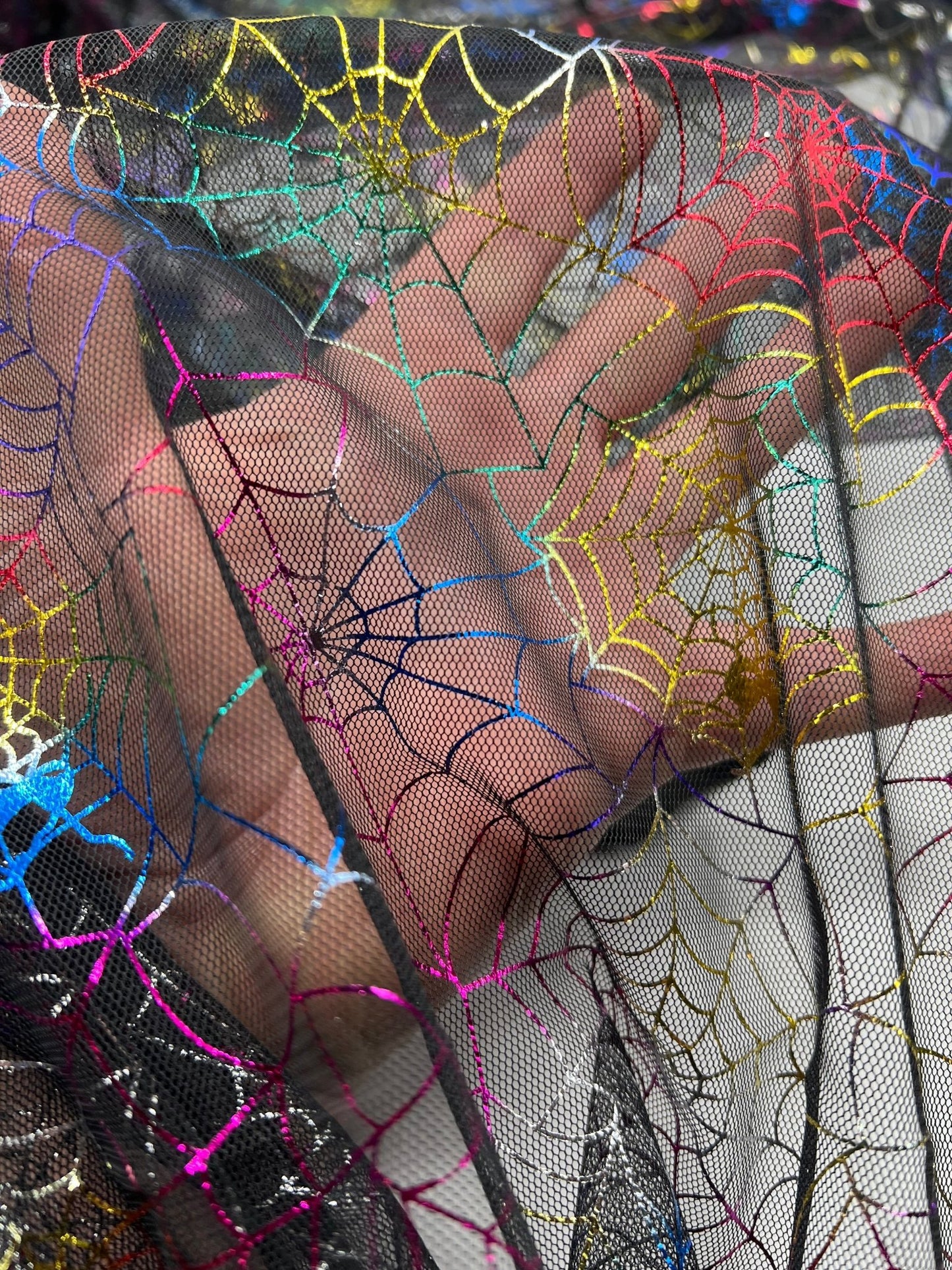 Multi Cobweb Halloween Print Mesh Fabric Stretch - T9 Fabrics