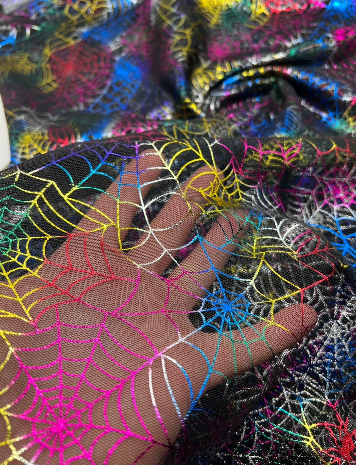 Multi Cobweb Halloween Print Mesh Fabric Stretch - T9 Fabrics