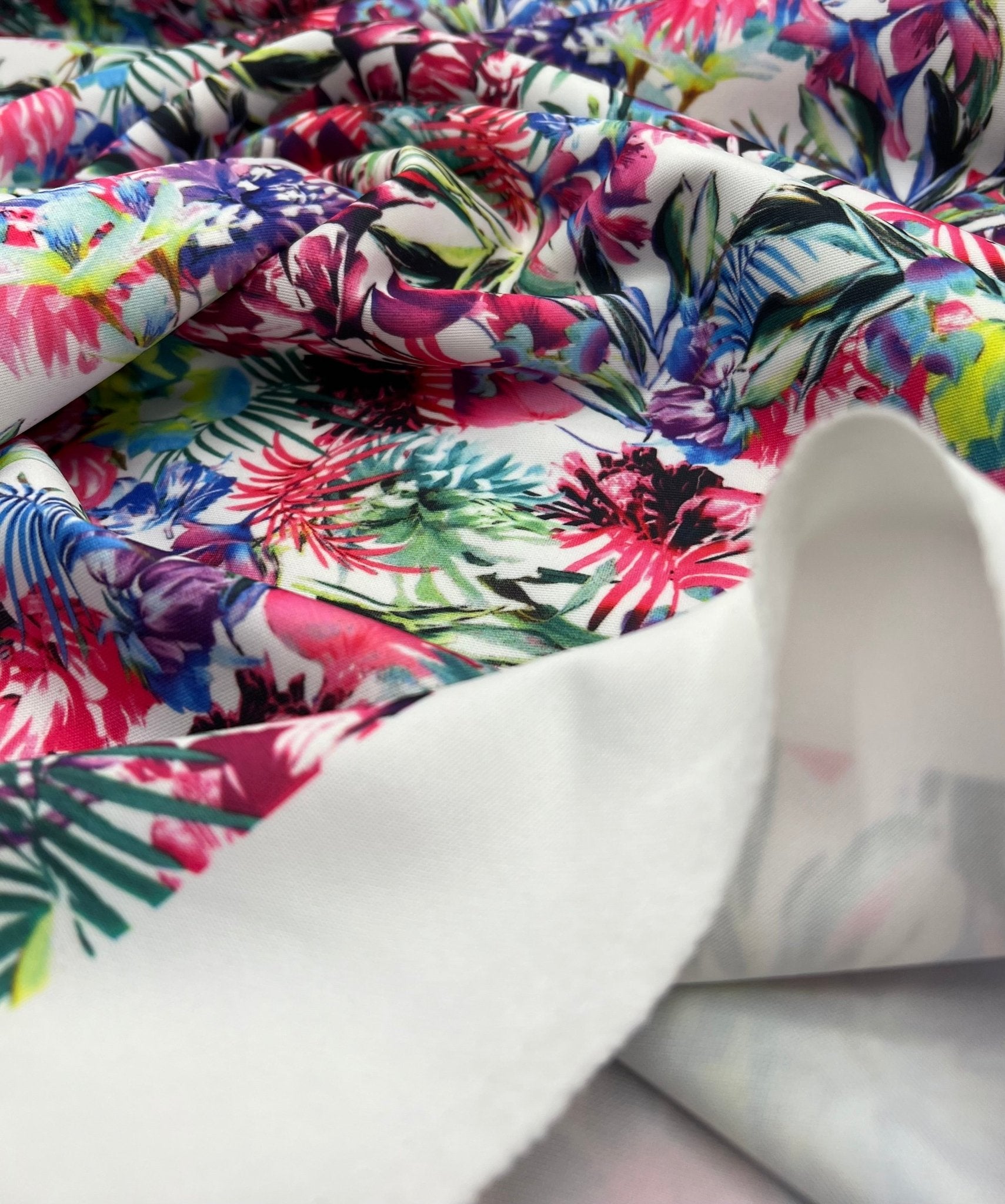 Multi Floral Printed Plain Scuba Fabric - T9 Fabrics