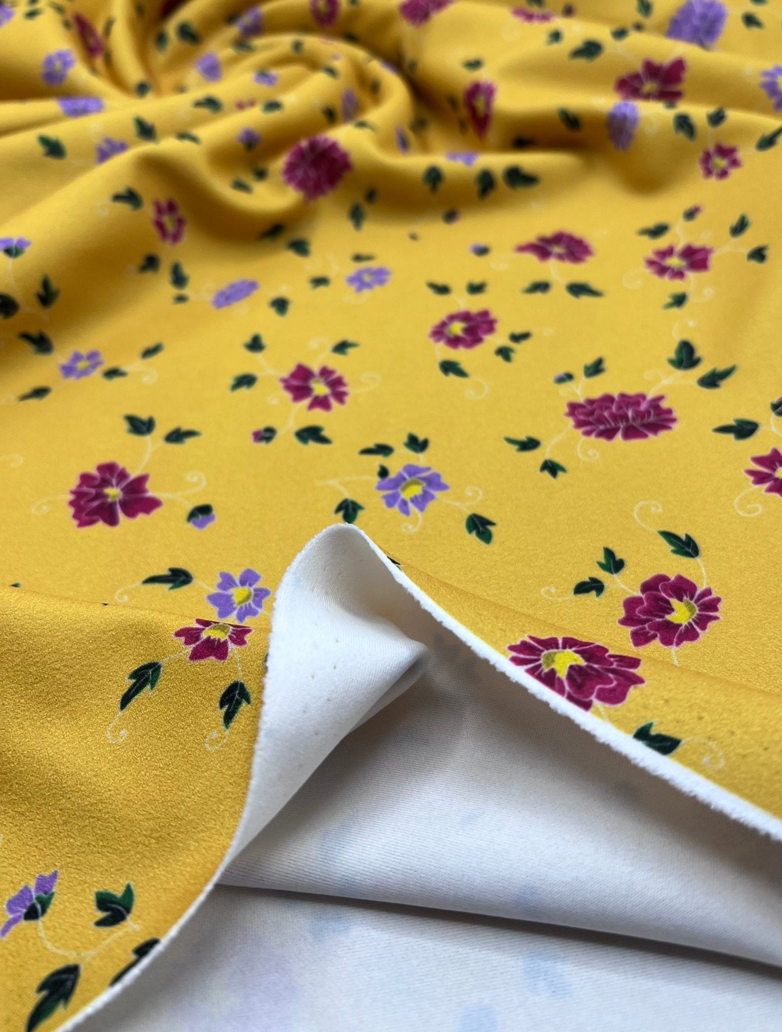 Mustard Floral Ditsy Printed Scuba Crepe Jersey Fabric 4 Way Stretch - T9 Fabrics