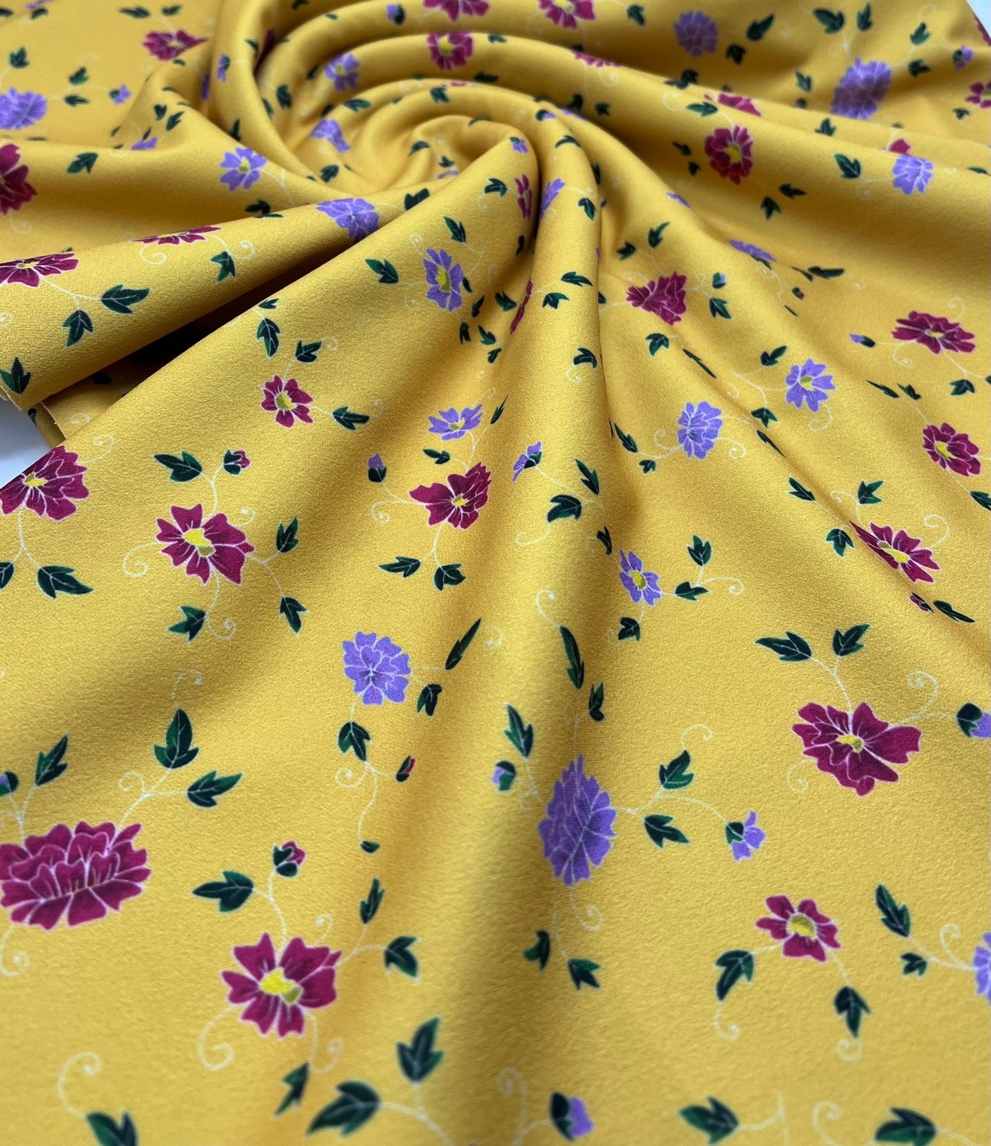 Mustard Floral Ditsy Printed Scuba Crepe Jersey Fabric 4 Way Stretch - T9 Fabrics