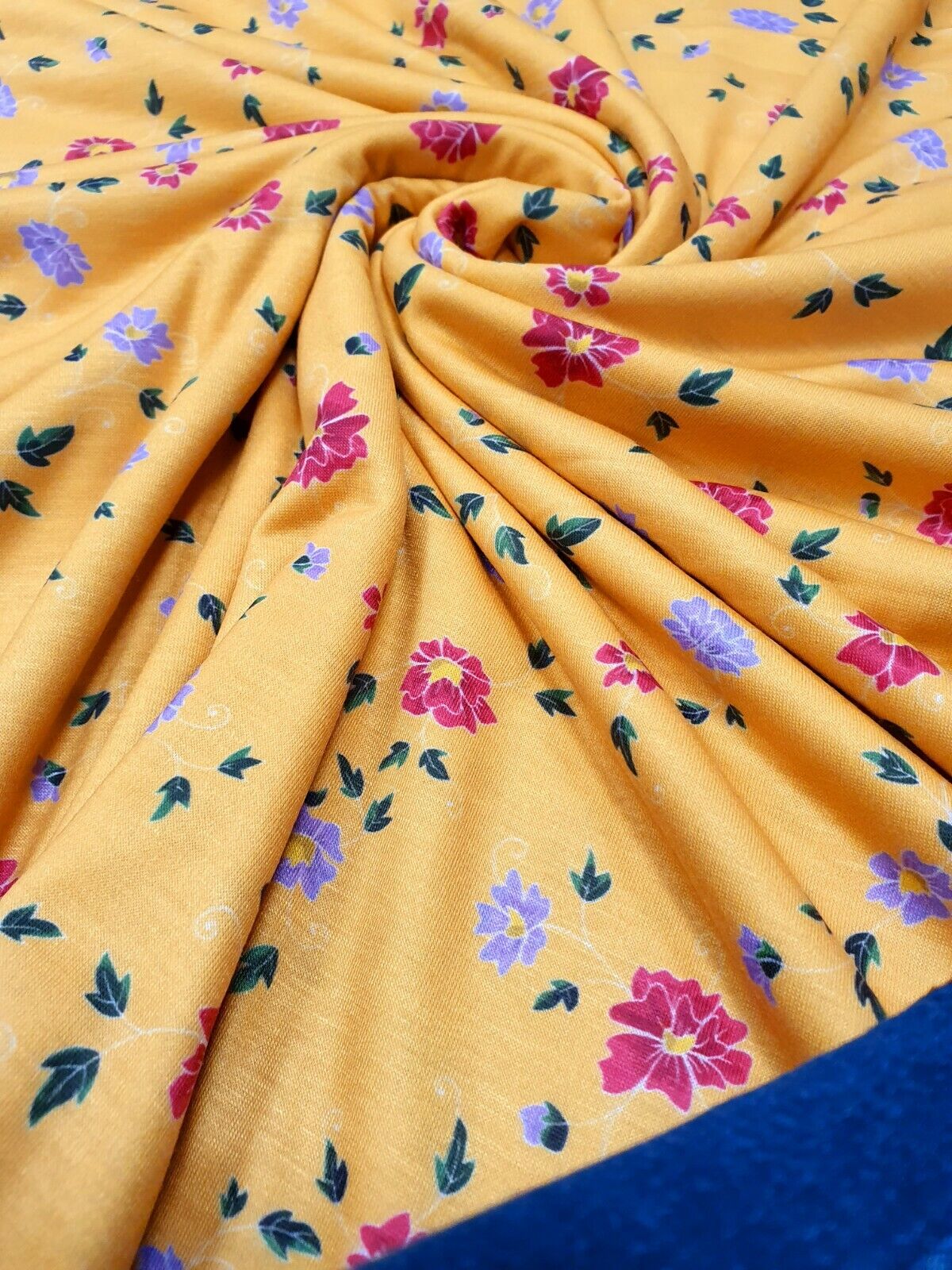 Mustard Floral Print Spun Poly Stretch Fabric - T9 Fabrics