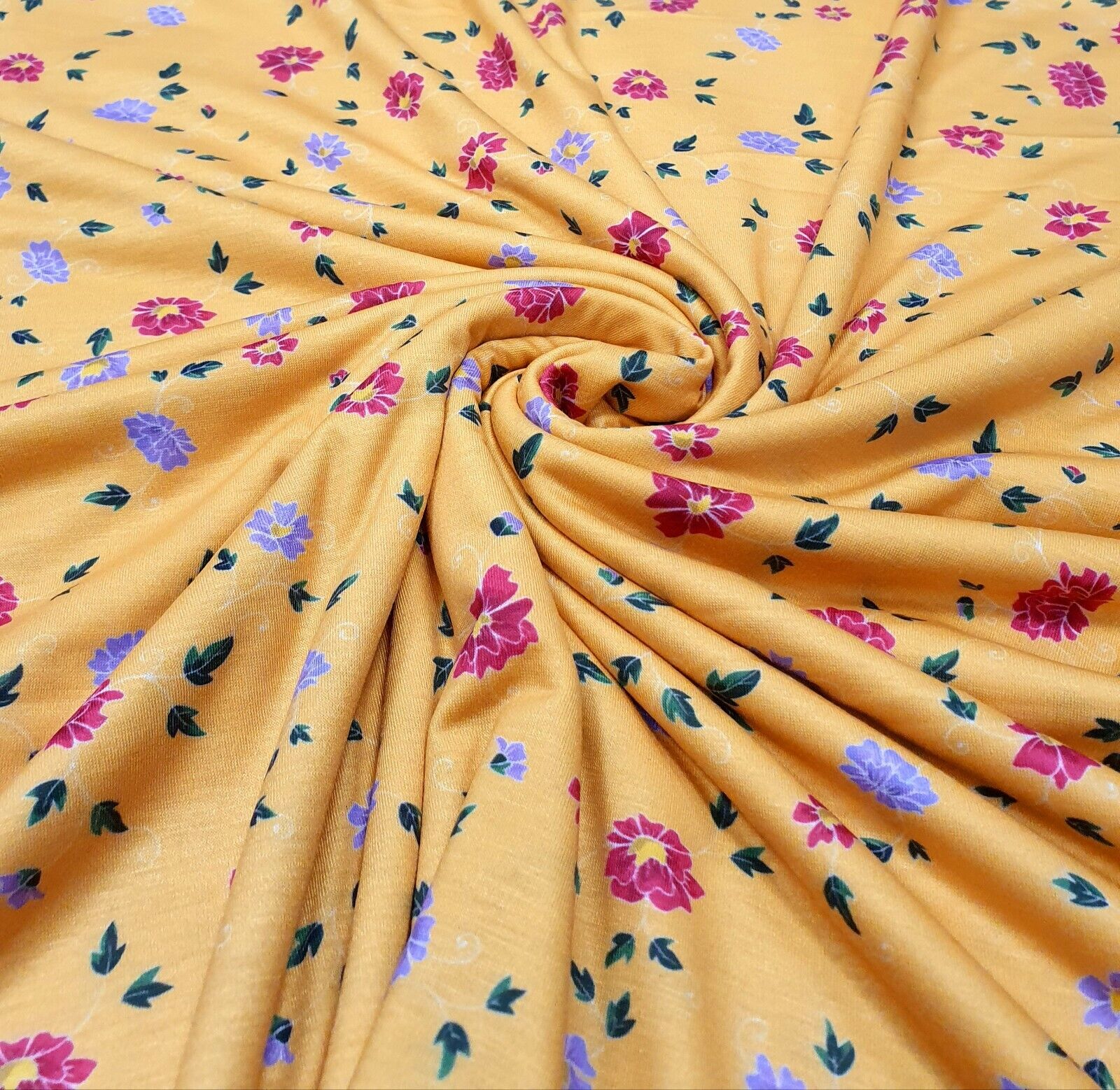 Mustard Floral Print Spun Poly Stretch Fabric - T9 Fabrics