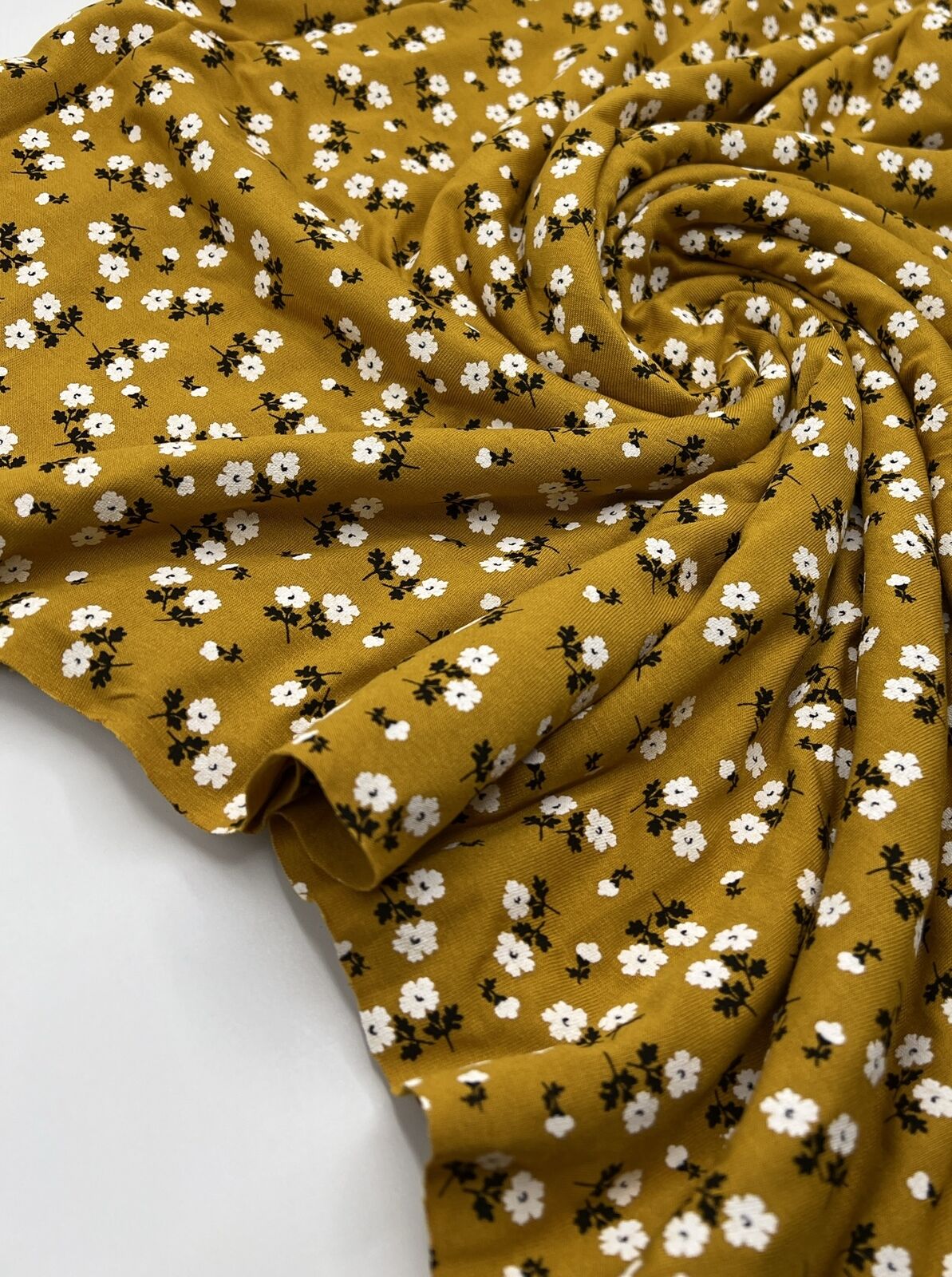 Mustard White Floral Print Viscose Elastane Fabric - T9 Fabrics