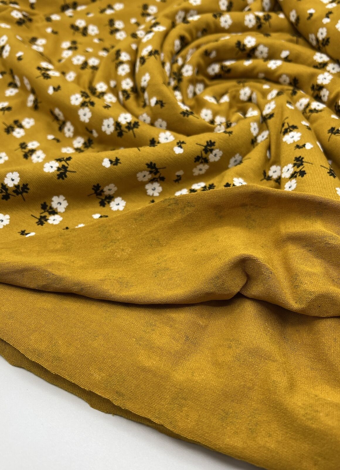 Mustard White Floral Print Viscose Elastane Fabric - T9 Fabrics