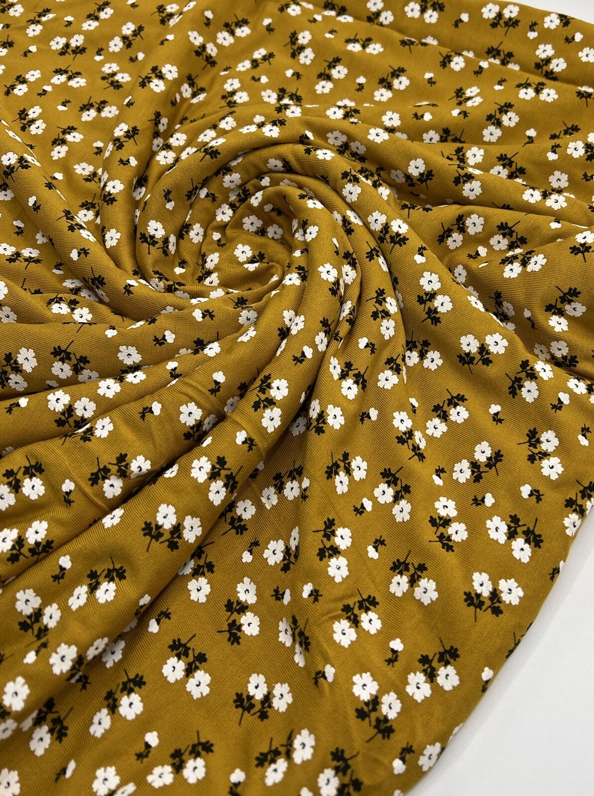 Mustard White Floral Print Viscose Elastane Fabric - T9 Fabrics