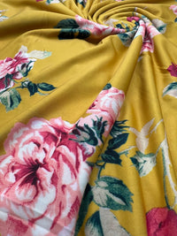 Mustard Yellow Floral Print Soft Touch 4 Way Stretch Fabric - T9 Fabrics