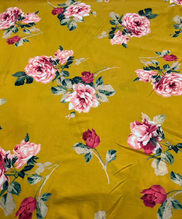 Mustard Yellow Floral Print Soft Touch 4 Way Stretch Fabric - T9 Fabrics