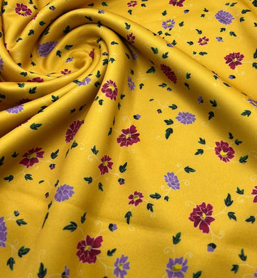 Mustard Yellow Floral Printed Plain Scuba Fabric - T9 Fabrics