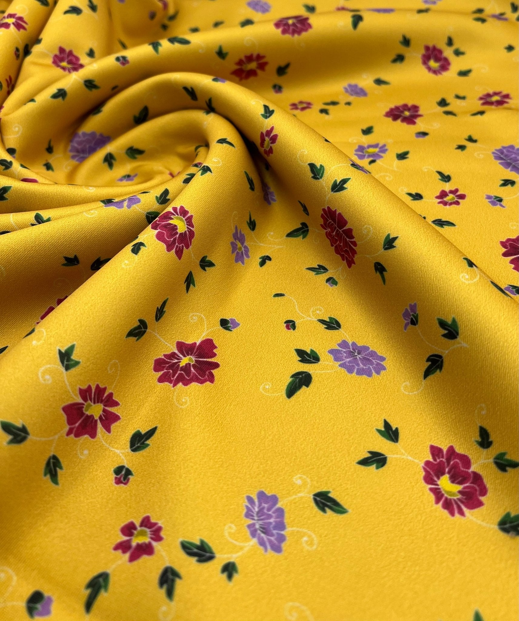 Mustard Yellow Floral Printed Plain Scuba Fabric - T9 Fabrics