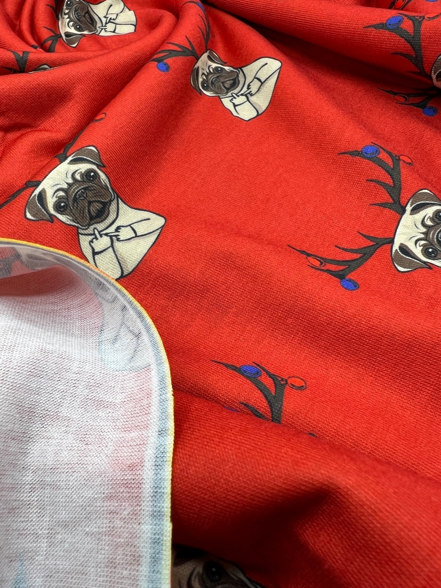 Naughty Pug Print Soft Spun Poly Stretch Fabric - T9 Fabrics