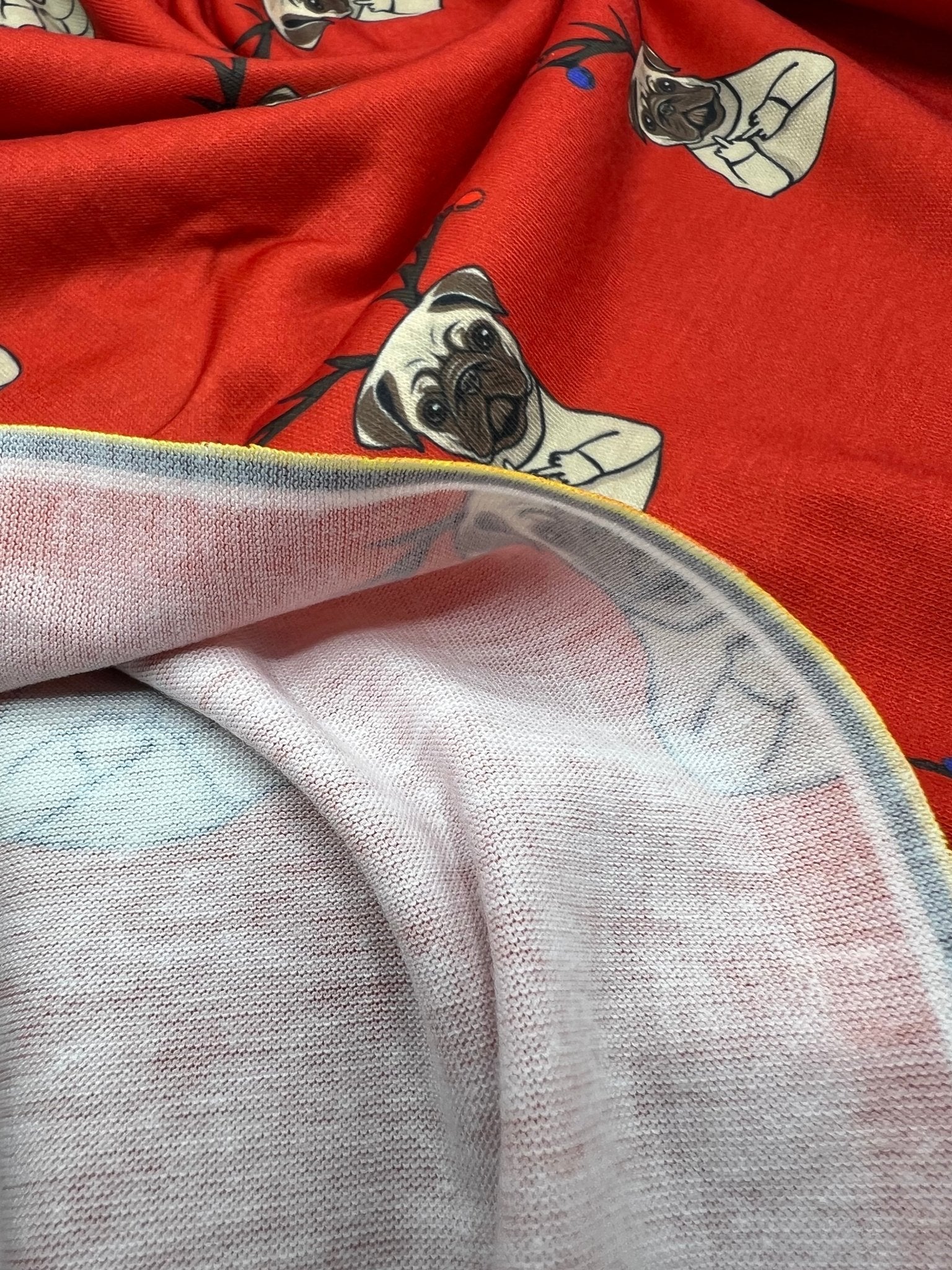 Naughty Pug Print Soft Spun Poly Stretch Fabric - T9 Fabrics