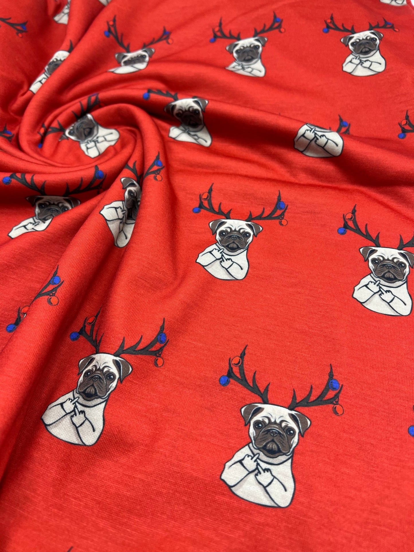 Naughty Pug Print Soft Spun Poly Stretch Fabric - T9 Fabrics