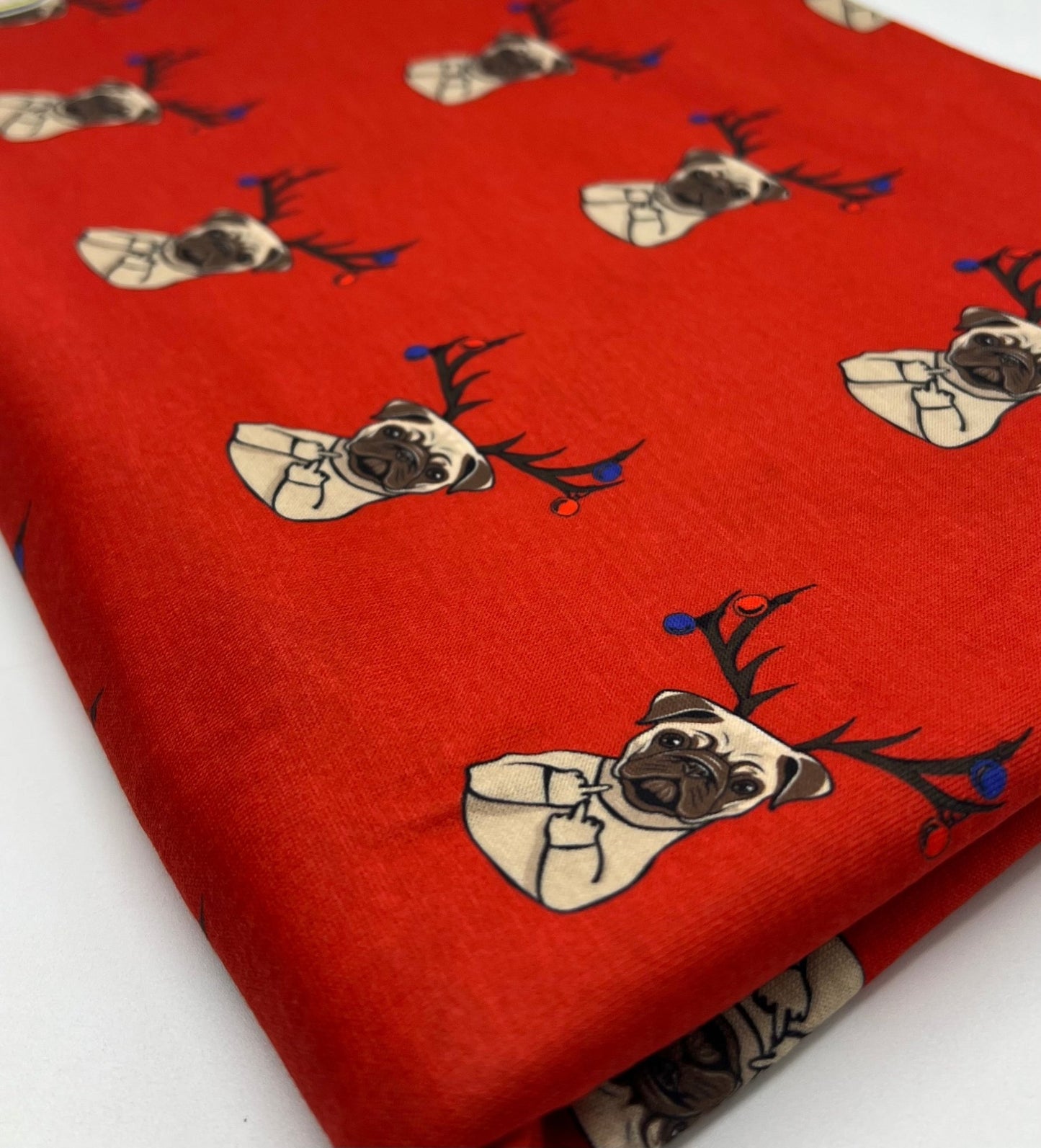 Naughty Pug Print Soft Spun Poly Stretch Fabric - T9 Fabrics