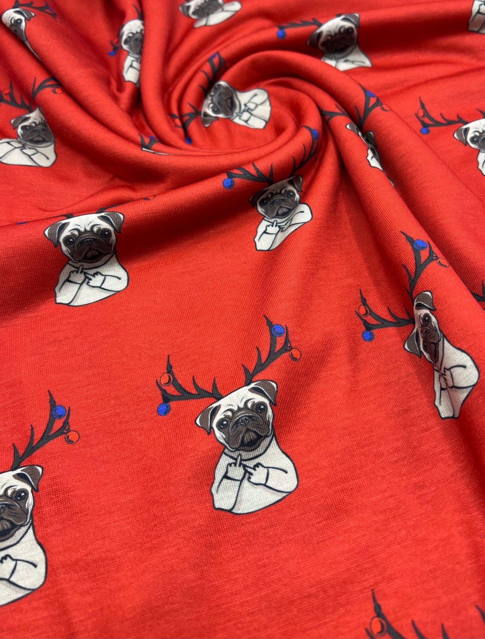 Naughty Pug Print Soft Spun Poly Stretch Fabric - T9 Fabrics