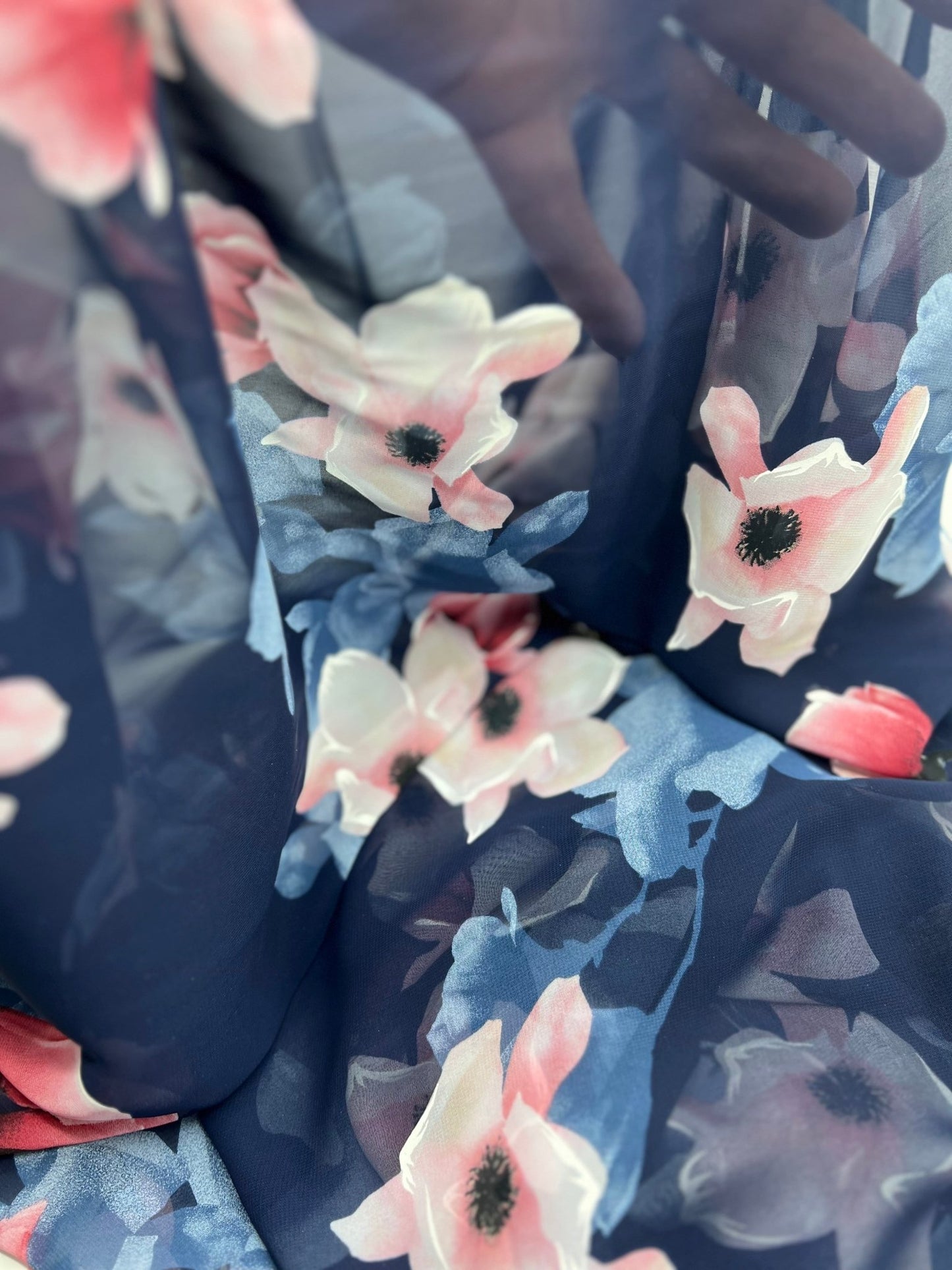 Navy Blooms Floral Printed Chiffon Dress Fabric - T9 Fabrics