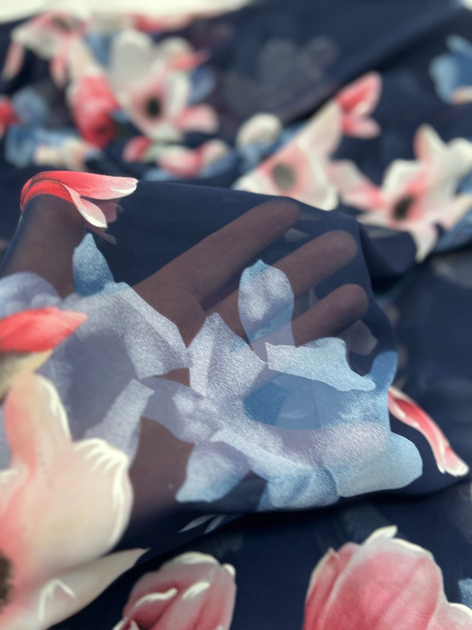 Navy Blooms Floral Printed Chiffon Dress Fabric - T9 Fabrics