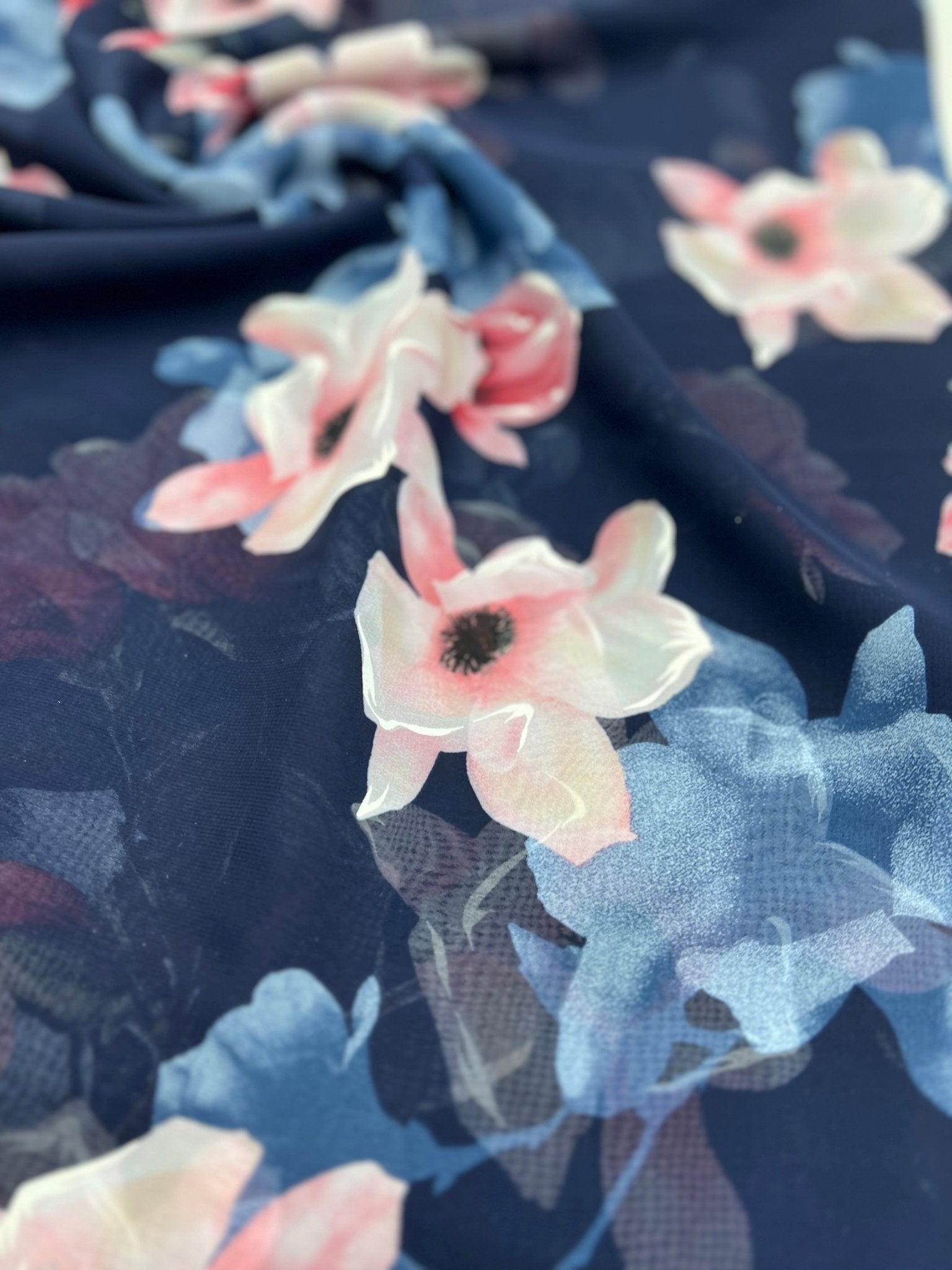Navy Blooms Floral Printed Chiffon Dress Fabric - T9 Fabrics