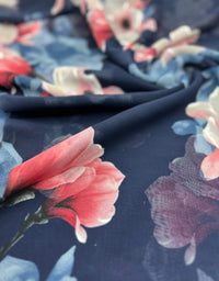 Navy Blooms Floral Printed Chiffon Dress Fabric - T9 Fabrics