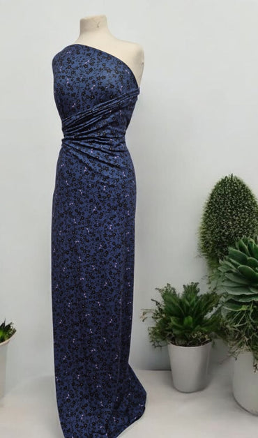 Navy Blue Ditsy Floral Print Viscose Elastane 4 Way Stretch Fabric - T9 Fabrics