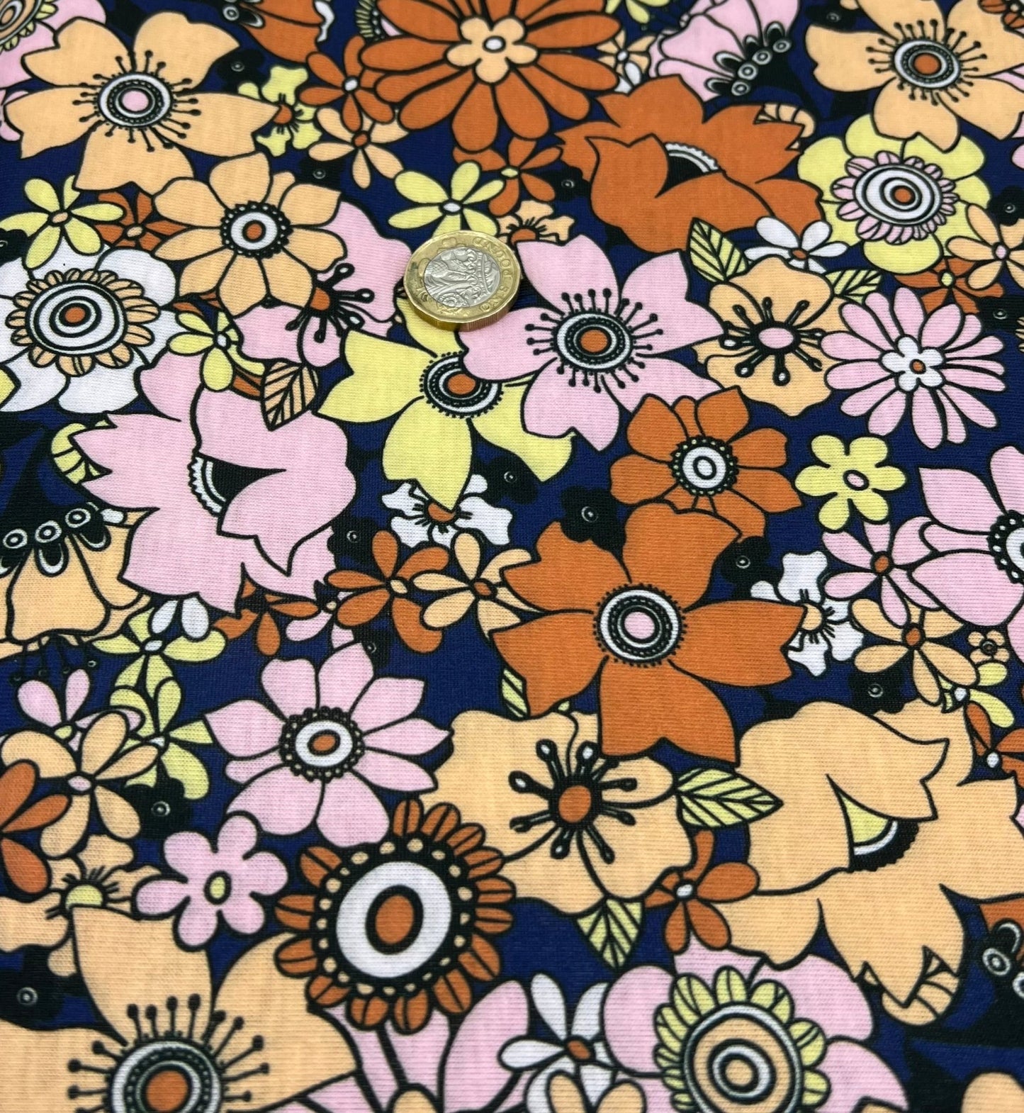 Navy & Brown Retro Floral Print Spun Poly Stretch Fabric - T9 Fabrics