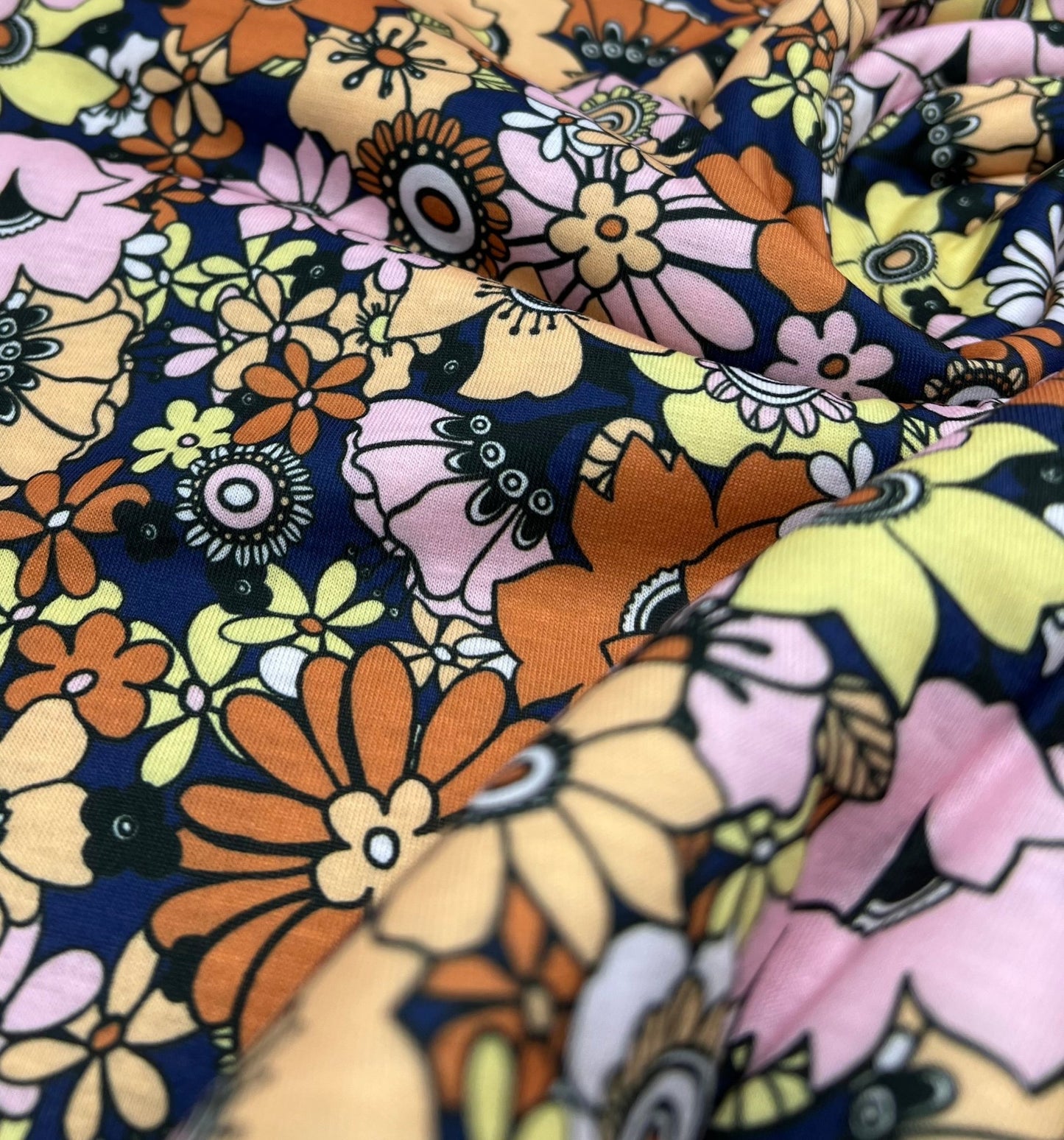 Navy & Brown Retro Floral Print Spun Poly Stretch Fabric - T9 Fabrics