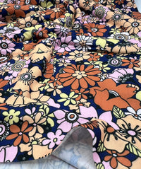 Navy & Brown Retro Floral Print Spun Poly Stretch Fabric - T9 Fabrics