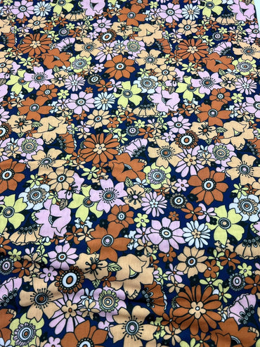 Navy & Brown Retro Floral Print Spun Poly Stretch Fabric - T9 Fabrics