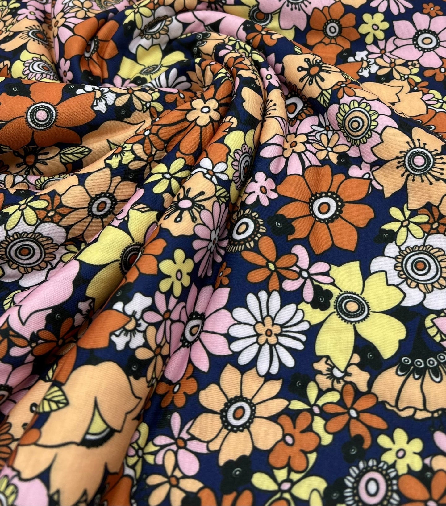 Navy & Brown Retro Floral Print Spun Poly Stretch Fabric - T9 Fabrics