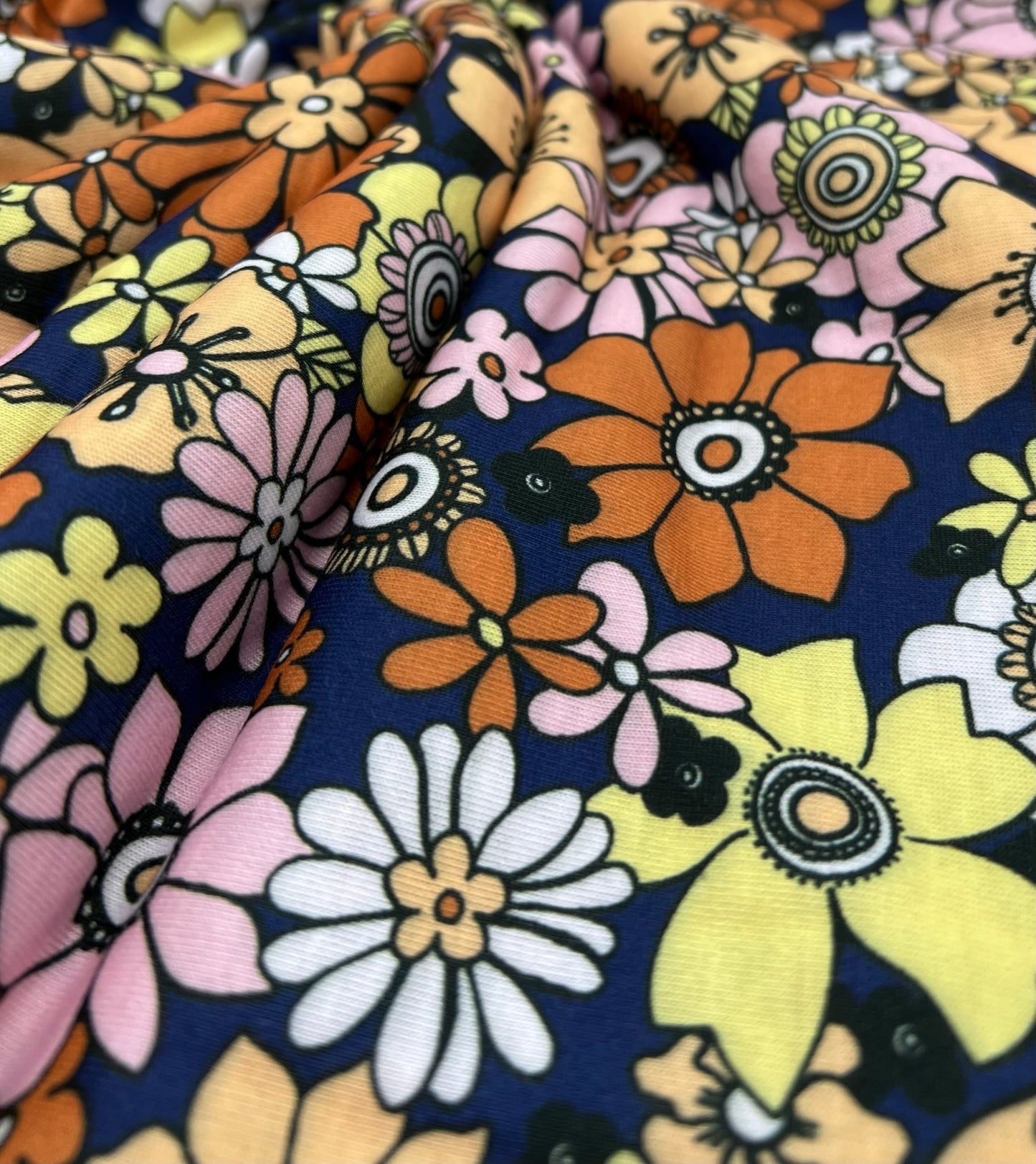 Navy & Brown Retro Floral Print Spun Poly Stretch Fabric - T9 Fabrics