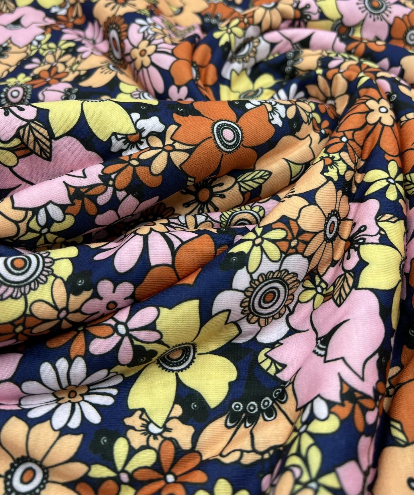 Navy & Brown Retro Floral Print Spun Poly Stretch Fabric - T9 Fabrics