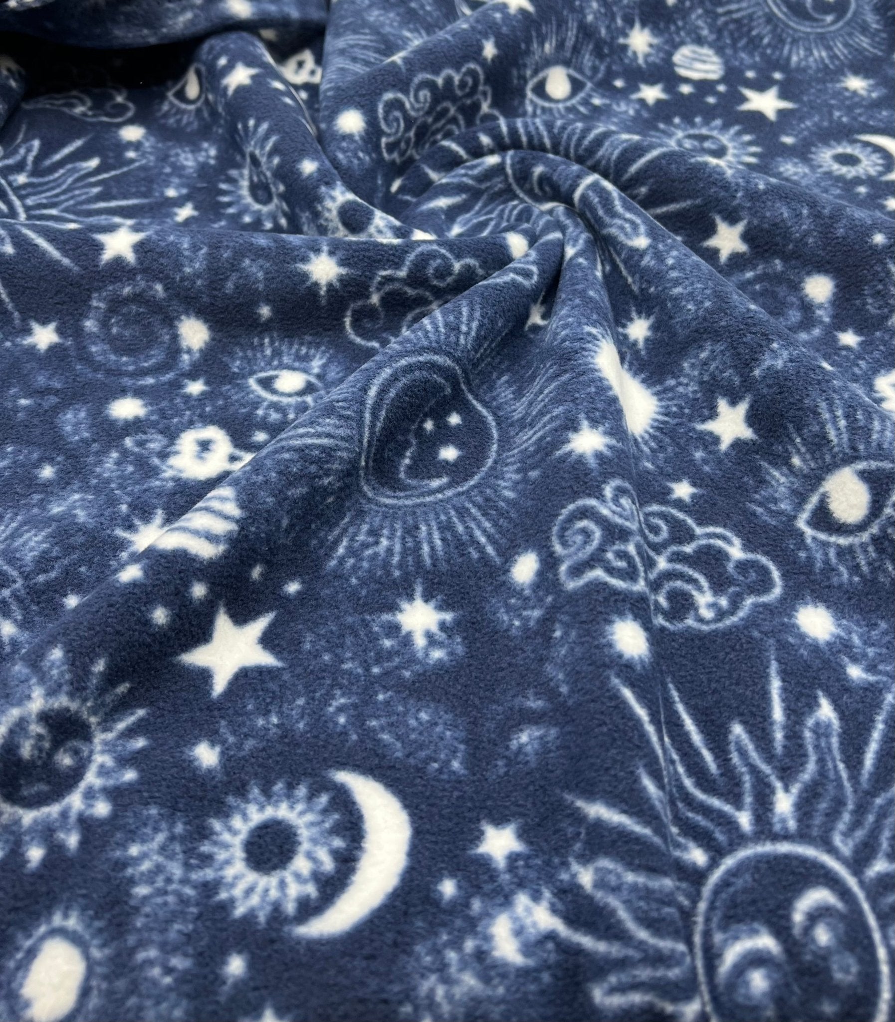 Navy Celestial Printed Anti - Pil Polar Fleece Fabric Blanket Loungewear - T9 Fabrics