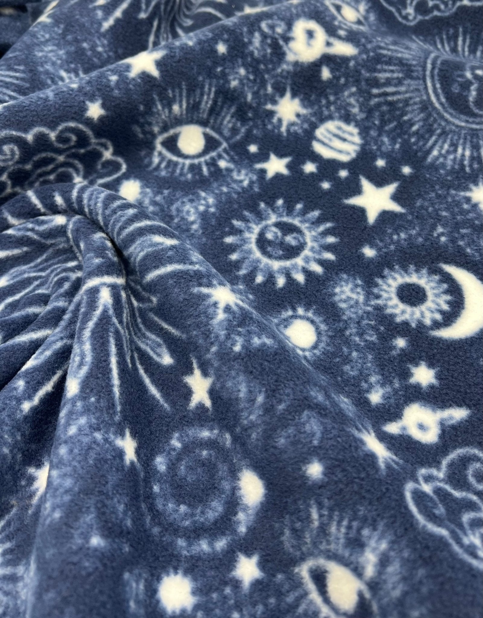 Navy Celestial Printed Anti - Pil Polar Fleece Fabric Blanket Loungewear - T9 Fabrics
