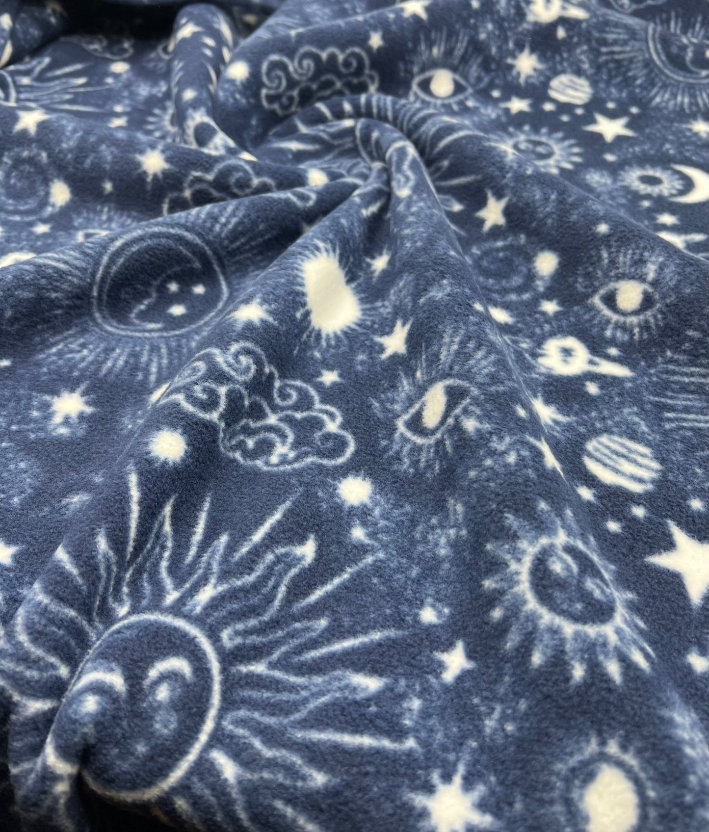 Navy Celestial Printed Anti - Pil Polar Fleece Fabric Blanket Loungewear - T9 Fabrics