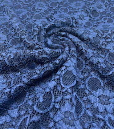 Navy Flower Scalloped Edge Floral Lace Fabric Stretch - T9 Fabrics
