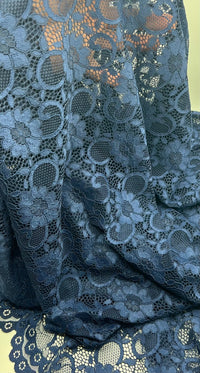 Navy Flower Scalloped Edge Floral Lace Fabric Stretch - T9 Fabrics
