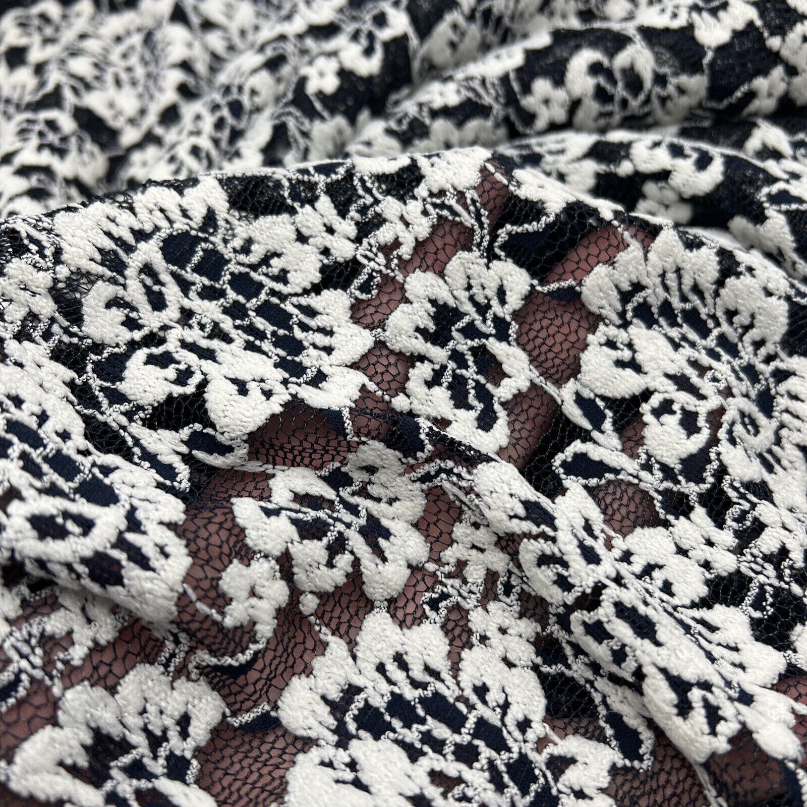 Navy Ivory Floral Textured Lace Fabric Stretch - T9 Fabrics